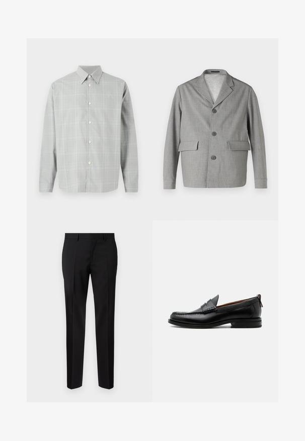 Grå blazer lavet af struktureret stof, med en slå-krave, tre knapper og to frontlommer. Ren, moderne design.; Grå langærmet skjorte med et let ternet mønster, knap-Front design, spids krave og glat stoftekstur.; Sorte skræddersyede bukser lavet af glat stof, med lige ben, raffinerede folder og en klassisk talje med bæltestropper.; Sort læder herre loafer med moc-tå syning, penny strop, struktureret krave og lav stablet hæl på hvid baggrund.