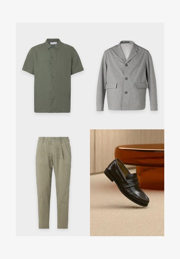 Grå blazer lavet af struktureret stof, med en slå-krave, tre knapper og to frontlommer. Ren, moderne design.; Kortærmet skjorte i olivengrøn lavet af struktureret stof, med knaplukning foran og en klassisk krave.; Lys grønne, tapered bukser lavet af et tekstureret stof, med knaplukning, plisseret front og sidelommer.; Skinnende sort læderloafer med remdetalje, placeret på beige tæppe nær et rundt brunt sofabord i et blødt oplyst rum.