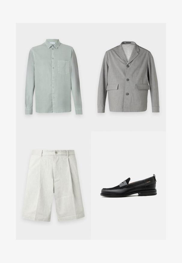 Grauer Blazer aus strukturiertem Stoff, mit Reverskragen, drei Knöpfen und zwei Vordertaschen. Sauberes, modernes Design.; Hellgrünes Langarmhemd mit Button-Down-Kragen, frontaler Tasche und leicht strukturiertem Stoff. Verfügt über passende Knöpfe.; Hellgraue Shorts aus strukturiertem Stoff, mit einem Knopfverschluss, Falten und einem geraden Schnitt, geeignet für legere Trageanlässe.; Schwarzer Lederloafer mit grauem Riemendetail, niedrigem Absatz und strukturierter Sohle, seitlich mit „HUGO“ in Gold gebrandmarkt.