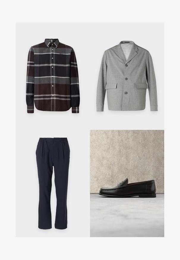Grijze blazer van textuurstof, met een notch-kraag, drie knopen en twee voorkezen. Strak, modern ontwerp.; Barbour ICELOCH TAILORED TARTAN - Overhemd - midnight oak; Marineblauwe broeken van zachte stof met een elastische tailleband, voorzien van voorplooien en een recht model.; Zwarte leren penny loafer met lage hak, afgeronde neus en gestikte details langs de voorkant en zijkanten, afgebeeld op een neutrale achtergrond.