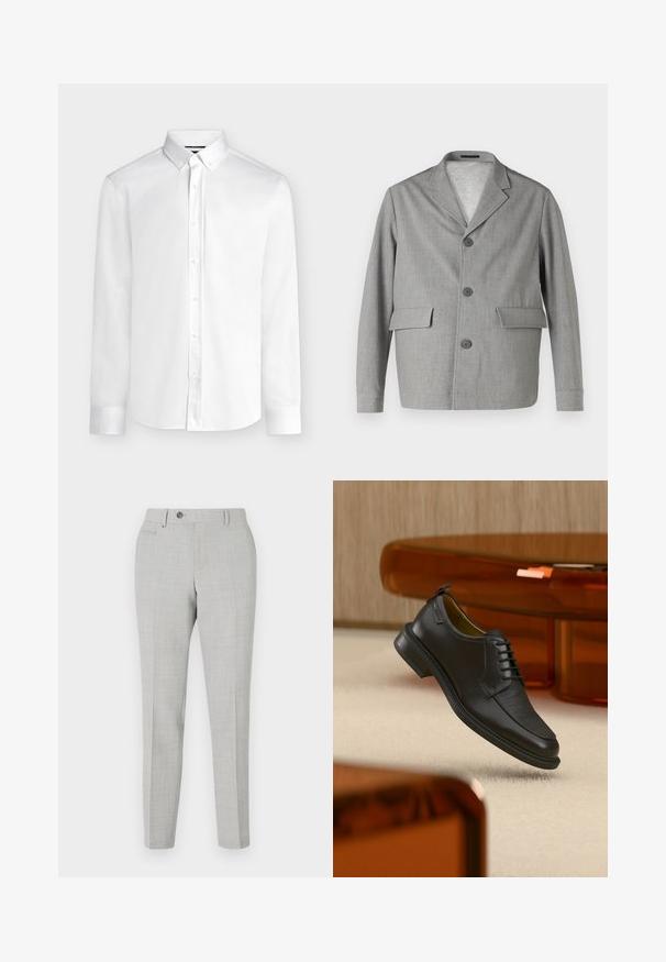 Blazer gris hecho de una tela texturizada, con cuello de pico, tres botones y dos bolsillos frontales. Diseño limpio y moderno.; Camisa blanca de manga larga con botones, cuello abotonado y puños estándar, mostrada sobre un fondo liso de color gris claro.; Pantalones grises a medida con un sutil patrón de cuadros, fabricados en una tela ligera. Cuentan con un cierre de botón y bolsillos laterales. Silueta ajustada.; Zapato de vestir negro de piel con cordones y parte delantera texturizada, flotando sobre una alfombra beige en una habitación moderna con muebles de tono ámbar.