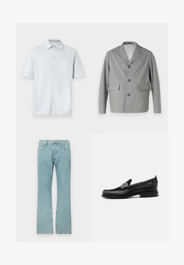 Grå blazer lavet af struktureret stof, med en slå-krave, tre knapper og to frontlommer. Ren, moderne design.; Kortærmet skjorte med krave i lyseblåt, tekstureret stof med diamantmønster, med knaplukning foran og lige kant.; Lysblå denimjeans med lige ben-design, der har fem lommer og en knaplukning. Synlige sømme og frynsedetaljer i kanten.; Sort læderloafer med grå remdetalje, lav hæl og tekstureret sål, mærket med "HUGO" i guld på siden.