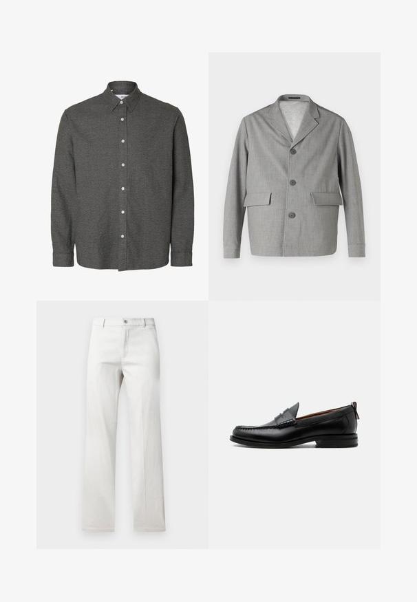 Grijze blazer van textuurstof, met een notch-kraag, drie knopen en twee voorkezen. Strak, modern ontwerp.; Donkergrijs overhemd met lange mouwen, knopen, een puntige kraag en witte knopen aan de voorzijde in het midden.; Lichtgrijze broeken met een rechte pijp, gemaakt van een soepele stof, met een voorste knoopsluiting en zijzakken.; Zwarte leren herensloffen met moc toe stiksel, pennyriem, gestructureerde kraag en lage gestapelde hak op witte achtergrond.