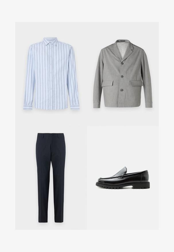 Grå blazer lavet af struktureret stof, med en slå-krave, tre knapper og to frontlommer. Ren, moderne design.; Lys blå langærmet skjorte med hvide og marineblå lodrette striber, knap-ned krave og frontknaplukning. Skarp stoftekstur.; DRYKORN AJEND - Chino - blue; Sort læderloafer med chunky gummisål, syet overdel og præget mærkenavn på hælen, vist i sideprofil på hvid baggrund.