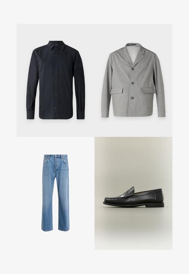 Grå blazer lavet af struktureret stof, med en slå-krave, tre knapper og to frontlommer. Ren, moderne design.; Sort langærmet skjorte med standard krave, frontlukning med knapper, lavet af glat stof, med lige pasform og med knaplukning ved ærmerne.; Lyseblå denim jeans med lige ben-design, fem lommer, knaplukning, minimal falming og kontraststingdetaljer.; Sort læder herresko med moc-toe-design, penny-rem og lav hæl på en neutral baggrund.