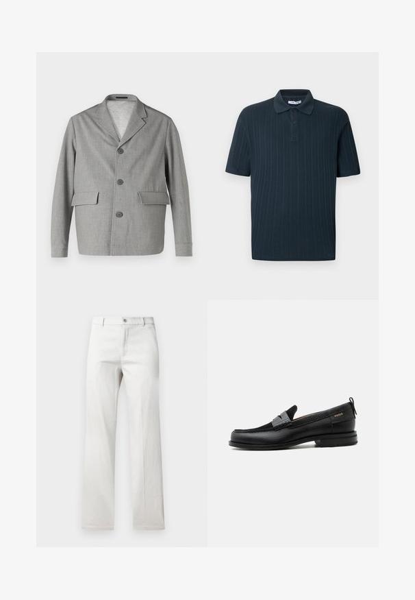Blazer gris en tissu texturé, avec un col à revers, trois boutons et deux poches avant. Design épuré et moderne.; Polo bleu marine à manches courtes avec une texture côtelée, doté d'un col et d'une patte à trois boutons.; Pantalon gris clair avec une coupe droite, fabriqué dans un tissu lisse, doté d'une fermeture à bouton à l'avant et de poches latérales.; Mocassin en cuir noir avec détail de bride grise, talon bas et semelle texturée, marqué "HUGO" en or sur le côté.