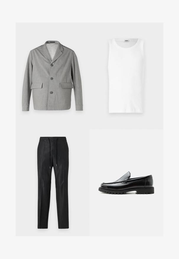 Grå blazer lavet af struktureret stof, med en slå-krave, tre knapper og to frontlommer. Ren, moderne design.; Hvid bomulds tanktop uden ærmer med rund halsudskæring og en glat tekstur. Enkel design, ingen mønstre eller accenter.; Sorte pinstripede bukser lavet af glat stof med en komfortabel elastisk talje og snøre detaljer. Har diskret logo detaljering.; Sort læderloafer med chunky gummisål, syet overdel og præget mærkenavn på hælen, vist i sideprofil på hvid baggrund.