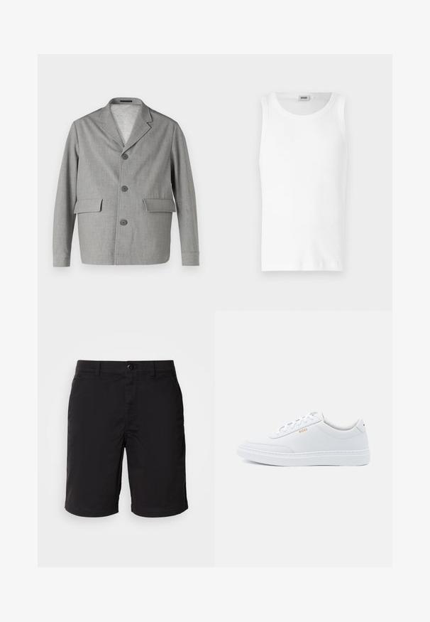 Grauer Blazer aus strukturiertem Stoff, mit Reverskragen, drei Knöpfen und zwei Vordertaschen. Sauberes, modernes Design.; Weißes Baumwoll-Tanktop ohne Ärmel mit Rundhalsausschnitt und glatter Textur. Einfaches Design, ohne Muster oder Akzente.; Schwarze Shorts aus leichtem Stoff, mit Knopfverschluss, normaler Taille und geradem Schnitt. Keine Muster oder sichtbaren Akzente.; Weiße Leder-Sneaker mit glatter Textur, runder Zehenpartie und tonal abgestepptem Design. Mit blauen Schnürsenkeln und einem goldenen Logo an der Seite.