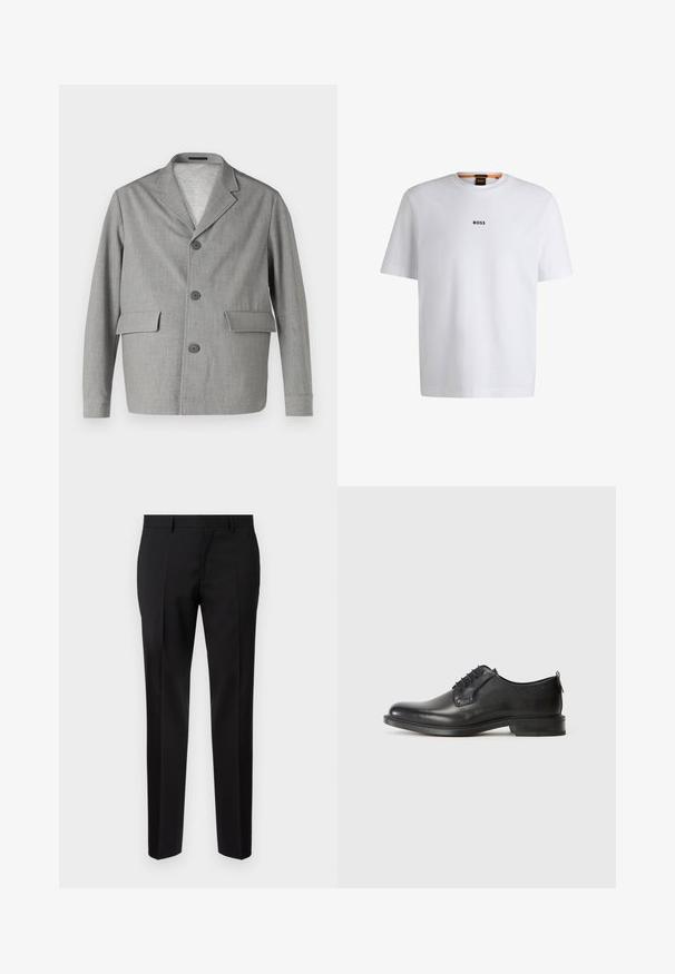 Blazer gris en tissu texturé, avec un col à revers, trois boutons et deux poches avant. Design épuré et moderne.; T-shirt en coton blanc à manches courtes, avec un logo noir "BOSS" centré sur la poitrine et un design à col rond.; Pantalons noirs ajustés en tissu lisse, présentant une jambe droite, des détails de pli raffinés et une taille classique avec passants de ceinture.; Chaussure de ville pour homme en cuir noir à lacets, avec un petit talon et une finition lisse, présentée en profil latéral sur un fond clair et uni.