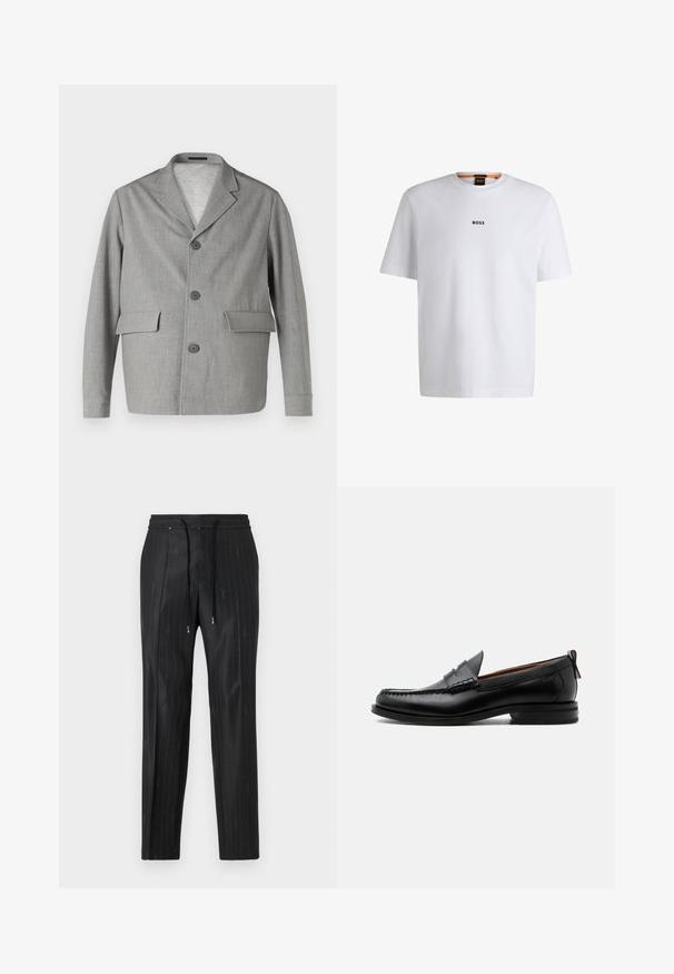 Grå blazer lavet af struktureret stof, med en slå-krave, tre knapper og to frontlommer. Ren, moderne design.; Hvid bomuld T-shirt med korte ærmer, med et sort "BOSS" logo centreret på brystet og en rund halsudskæring.; Sorte pinstripede bukser lavet af glat stof med en komfortabel elastisk talje og snøre detaljer. Har diskret logo detaljering.; Sort læder herre loafer med moc-tå syning, penny strop, struktureret krave og lav stablet hæl på hvid baggrund.