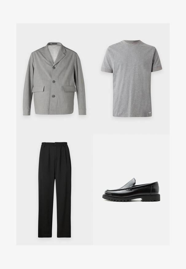 Grå blazer lavet af struktureret stof, med en slå-krave, tre knapper og to frontlommer. Ren, moderne design.; Kortærmet grå t-shirt lavet af blødt bomuld. Har en rund halsudskæring med en kontrastfarvet kant og en lige kant forneden.; Sorte bukser med et struktureret mønster, der har en bred talje med en knap og forkærninger foran for en skræddersyet pasform. Lige ben-design.; Sort læderloafer med chunky gummisål, syet overdel og præget mærkenavn på hælen, vist i sideprofil på hvid baggrund.