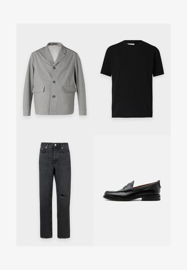 Grå blazer lavet af struktureret stof, med en slå-krave, tre knapper og to frontlommer. Ren, moderne design.; Sort kortærmet t-shirt lavet af bomuld med rund halsudskæring og løs pasform. Glat tekstur, ingen mønstre eller synlige logoer.; Sorte denim jeans med lige ben, der har et revnet knæ, fem-lomme design og metalbeslag ved taljen og lommerne.; Sort læder herre loafer med moc-tå syning, penny strop, struktureret krave og lav stablet hæl på hvid baggrund.