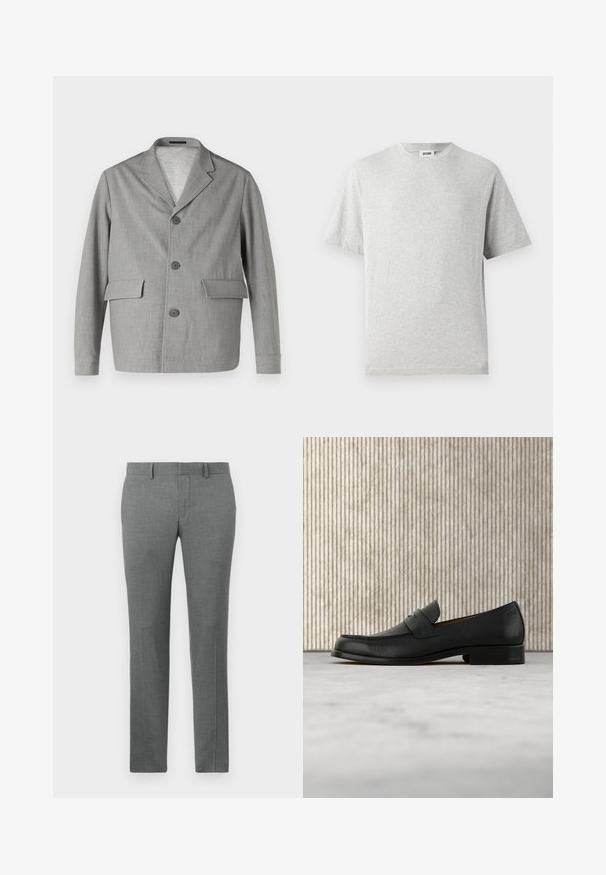 Blazer gris en tissu texturé, avec un col à revers, trois boutons et deux poches avant. Design épuré et moderne.; T-shirt gris à manches courtes en tissu doux. Il présente un col rond, une coupe décontractée, et ne comporte ni motifs ni logos. Texture lisse sur l'ensemble.; Pantalons gris ajustés avec une texture lisse, design à jambe droite, passants de ceinture et un motif chevron subtil sur l'ensemble.; Mocassin en cuir noir flottant au-dessus d'un tapis beige avec une table ronde brune brillante en arrière-plan.