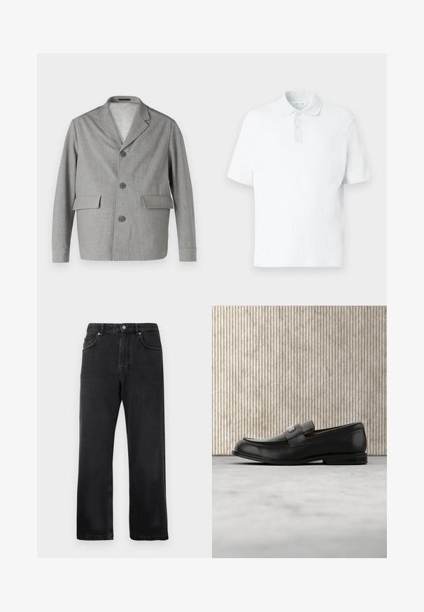 Grå blazer lavet af struktureret stof, med en slå-krave, tre knapper og to frontlommer. Ren, moderne design.; Pikétrøje i lyseblå, lavet af tekstureret stof. Har en kort krave med knaplukning, korte ærmer og en løs pasform.; Sorte lige ben jeans med forlommer, bæltestropper og knaplukning på hvid baggrund.; Sort læderloafer med metalbrandskilt hvilende nær et brunt rundt bord på beige tæppe.