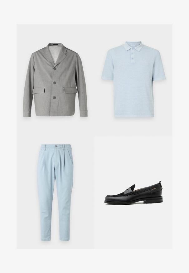 Blazer gris hecho de una tela texturizada, con cuello de pico, tres botones y dos bolsillos frontales. Diseño limpio y moderno.; Polo de manga corta azul claro, hecho de tela texturizada, con un collar y tres botones frontales en color a juego.; Pantalones azul claro de tela texturizada, con cierre de botón, cinturilla elástica y dos bolsillos laterales. Diseño de pierna ajustada.; Mocasín de cuero negro con detalle de tira gris, tacón bajo y suela texturizada, con la marca "HUGO" en oro en el lateral.