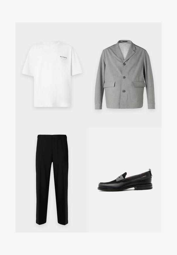 Grå blazer lavet af struktureret stof, med en slå-krave, tre knapper og to frontlommer. Ren, moderne design.; Hvid kortærmet bomulds T-shirt med lille sort "ALLSAINTS" tekst og japanske tegn trykt på venstre bryst.; Sorte bukser lavet af glat stof, med lige snit, to forlommer og lynlås med knaplukning.; Sort læderloafer med grå remdetalje, lav hæl og tekstureret sål, mærket med "HUGO" i guld på siden.