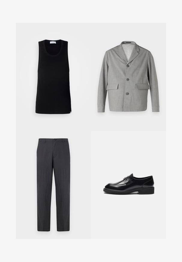 Blazer gris hecho de una tela texturizada, con cuello de pico, tres botones y dos bolsillos frontales. Diseño limpio y moderno.; Camiseta sin mangas negra de algodón, con un escote redondo y un diseño sencillo que presenta una etiqueta de marca sutil en el dobladillo.; Pantalones rectos de color gris oscuro, fabricados en un tejido ligero. Cuentan con un cierre de botón y un frente plano sin bolsillos visibles. Textura suave.; Zign by Zalando LEATHER - Mocasines elegantes - black