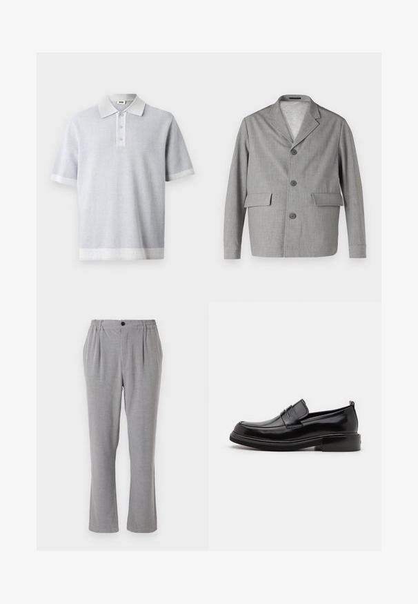 Blazer gris en tissu texturé, avec un col à revers, trois boutons et deux poches avant. Design épuré et moderne.; Polo gris clair avec un motif texturé, manches courtes, et un col et un ourlet blancs contrastants. Patte de boutonnage à trois boutons à l'avant.; Pantalon gris en tissu texturé, avec une fermeture à bouton et une taille élastiquée. Design à jambe droite avec des plis latéraux.; Calvin Klein MOCCASIN - Mocassins de ville - black