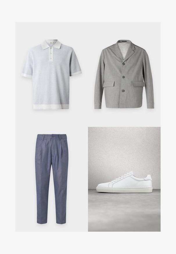 Blazer gris en tissu texturé, avec un col à revers, trois boutons et deux poches avant. Design épuré et moderne.; Polo gris clair avec un motif texturé, manches courtes, et un col et un ourlet blancs contrastants. Patte de boutonnage à trois boutons à l'avant.; Pantalons tissés bleu avec une coupe ajustée, dotés de plis à l'avant, d'une fermeture à bouton et d'une texture lisse. Longueur raccourcie avec des jambes droites.; Sneaker blanche avec une tige en cuir lisse et un profil bas. Présente un bout arrondi, six œillets et une semelle en caoutchouc texturé.