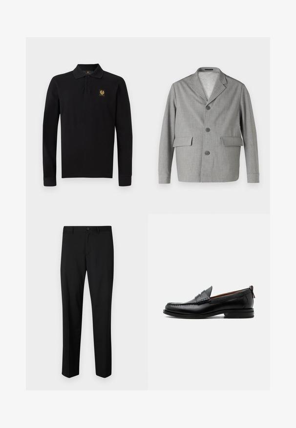 Grijze blazer van textuurstof, met een notch-kraag, drie knopen en twee voorkezen. Strak, modern ontwerp.; Zwarte lange mouwen polo-shirt van katoen. Beschikt over een klassieke kraag, drie-knops knoopsluiting en een gouden embleem op de linkerkant van de borst.; Zwarte op maat gemaakte broek met een platte voorkant, standaard taille en rechte pijpen. Gemaakt van een gladde stof, met een enkele knoopsluiting.; Zwarte leren herensloffen met moc toe stiksel, pennyriem, gestructureerde kraag en lage gestapelde hak op witte achtergrond.