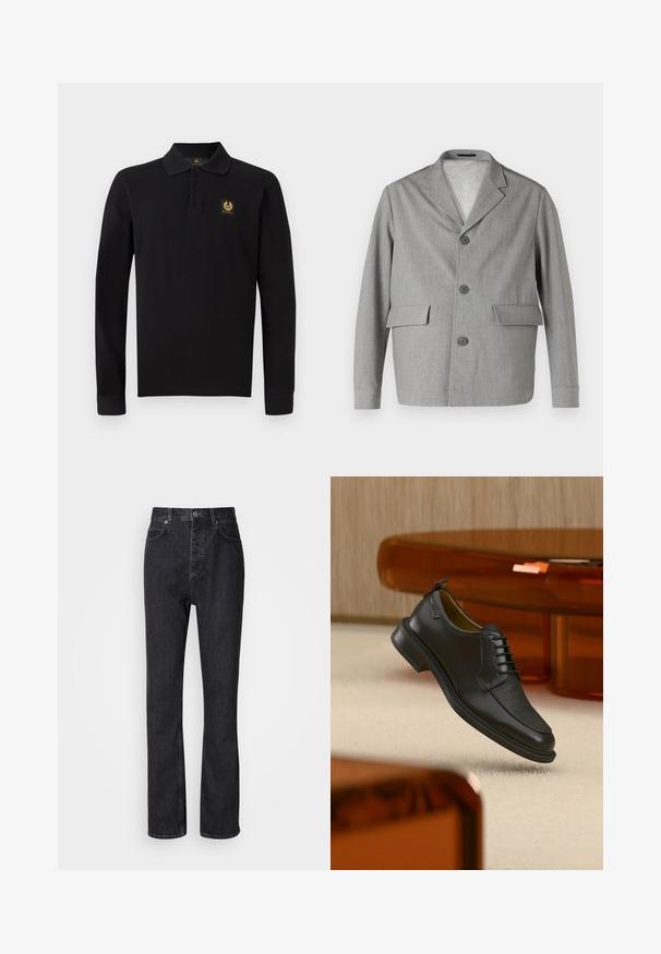 Sivý blazer vyrobený z textúrovanej látky, s klopovým golierom, tromi gombíkmi a dvomi prednými vreckami. Jednoduchý, moderný dizajn.; Čierna polo košeľa s dlhým rukávom vyrobená z bavlny. Má klasický golier, zapínanie na tri gombíky a zlatý emblém na ľavej hrudi.; Vysoké čierne denims nohavice so zapínaním na gombík a zips, predné a zadné vrecká a rovný strih.; Čierna kožená šnurovacia spoločenská obuv s textúrovanou prednou časťou, vznášajúca sa nad béžovým kobercom v modernej miestnosti s nábytkom v jantárových tónoch.
