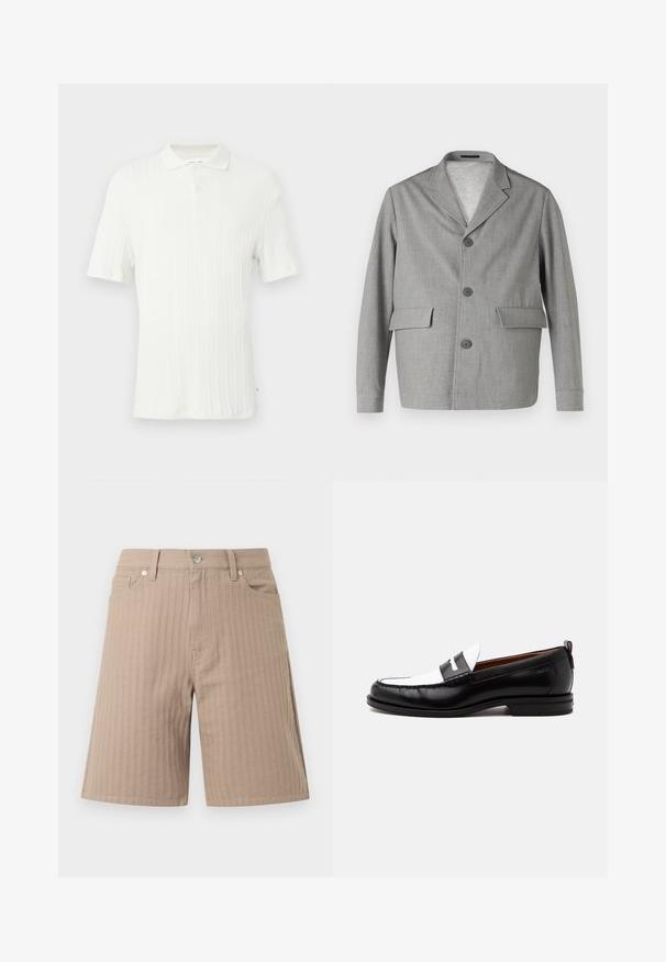 Blazer gris en tissu texturé, avec un col à revers, trois boutons et deux poches avant. Design épuré et moderne.; Polo blanc à manches courtes avec une texture côtelée, un col et une fermeture à un bouton en haut.; Shorts beiges en tissu texturé avec des rayures verticales, une ceinture avec un bouton avant et des poches latérales.; Mocassin en cuir noir et blanc avec des détails cousus, un petit talon et un design slip-on, présenté de profil sur un fond uni.