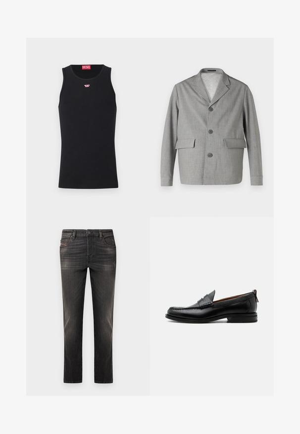 Grauer Blazer aus strukturiertem Stoff, mit Reverskragen, drei Knöpfen und zwei Vordertaschen. Sauberes, modernes Design.; Schwarzes ärmelloses Diesel Tanktop mit kleinem roten und weißen Logo auf der Brust und rotem Diesel-Label innen im Kragen.; Schwarze Jeans aus Denim mit verwaschenem Design, geradem Bein, Fünf-Taschen-Stil und Knopfverschluss. Ausgestattet mit dezenten Nähten und Hardware-Akzenten.; Schwarzer Leder-Herrenschuh mit Mokassinnaht, Penny-Riemen, strukturiertem Kragen und niedrigem gestapeltem Absatz auf weißem Hintergrund.