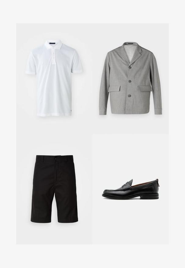 Blazer gris en tissu texturé, avec un col à revers, trois boutons et deux poches avant. Design épuré et moderne.; T-shirt polo blanc avec une texture douce, patte de boutonnage à trois boutons, col plat et manches courtes. Présente des coutures discrètes à l'ourlet.; Shorts noirs en tissu uni, avec une coupe droite, fermeture à bouton et une texture lisse sans motifs visibles.; Mocassin homme en cuir noir avec couture moc toe, bride penny, col texturé et petit talon empilé sur fond blanc.
