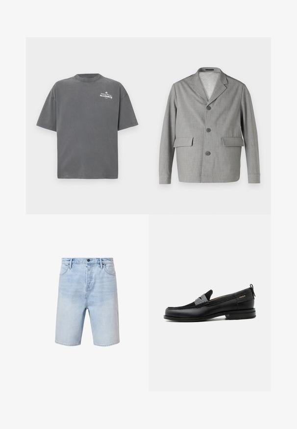Sivý blazer vyrobený z textúrovanej látky, s klopovým golierom, tromi gombíkmi a dvomi prednými vreckami. Jednoduchý, moderný dizajn.; Tmavosivé tričko s krátkym rukávom a okrúhlym výstrihom s malým bielym logom "ALLSAINTS" na ľavej hornej časti hrudníka.; Svetlomodré riflové šortky s bežným strihom, dizajnom s piatimi vreckami a gombíkovým zapínaním. Majú jemné vyblednutie a prešité lemy.; Čierny kožený mokasín so sivým remienkom, nízkym podpätkom a textúrovanou podrážkou, so značkou "HUGO" v zlatej farbe na boku.