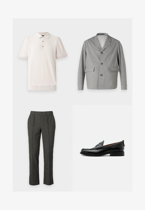 Grauer Blazer aus strukturiertem Stoff, mit Reverskragen, drei Knöpfen und zwei Vordertaschen. Sauberes, modernes Design.; Kurzärmliges Poloshirt in hellbeige, aus strukturiertem Material mit Kragen und drei Knöpfen; gerippte Details an den Ärmeln und dem Saum.; Graue maßgeschneiderte Hose aus strukturiertem Stoff, mit elastischem Bund, geraden Beinen und Falten in der Vorderseite.; Schwarzer Leder-Herrenschuh mit Mokassinnaht, Penny-Riemen, strukturiertem Kragen und niedrigem gestapeltem Absatz auf weißem Hintergrund.