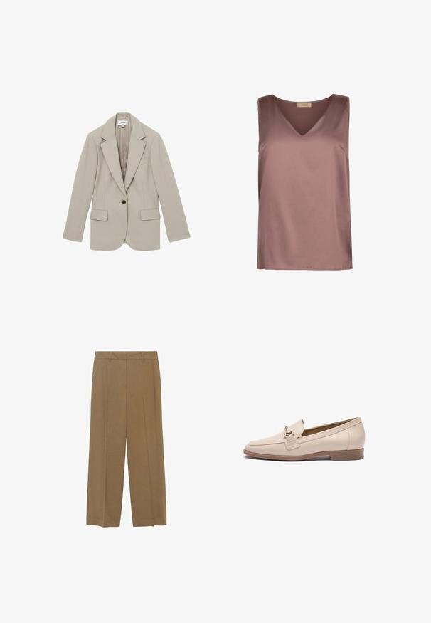 Beige skræddersyet blazer lavet af struktureret stof, med en enkelt knap, udfaldne klapper og to forreste lommer. Strygning af glat indvendig for.; Ærmeløs mauve satinbluse med V-halsudskæring og lige kant, mærket "Falconeri" på den indvendige nakkekant.; Bredde bukser lavet af letvægtsstof i en ensfarvet brun farve, med frontfolder og et tætsiddende talje. ; Beige læder loafers med rundet tå, en dekorativ rem og en guldfarvet hardware-detalje. Flad tan sål med minimal slidbane.
