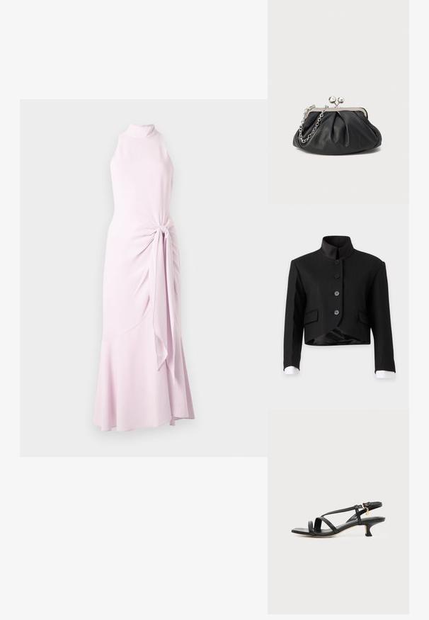 Μαύρο cropped σακάκι με όρθιο γιακά, τέσσερα κουμπιά μπροστά, τσέπες με καπάκι και λευκά μανίκια που φαίνονται στα μανίκια.; Μακριά αμάνικη φόρεμα σε ανοιχτό ροζ χρώμα με ψηλό λαιμόκοψη, πτυχώσεις στη μία πλευρά και φουντωτή άκρη, πάνω σε απλό ανοιχτό φόντο.; Μαύρο δερμάτινο σανδάλι με χαμηλό τακούνι, αγκράφα στον αστράγαλο και μικρό χρυσό διακοσμητικό σε απλό φωτεινό φόντο.; Μαύρο δερμάτινο πορτοφολάκι με μα gathered υφή, μεταλλικό πλαίσιο σε ασημί απόχρωση, κλείσιμο τύπου kiss-lock και αλυσίδα. Λείο, απαλό επιφάνεια.