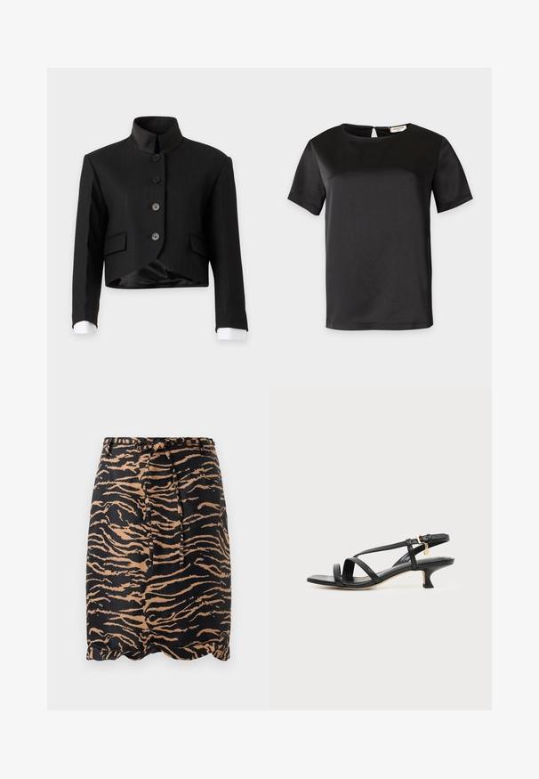 Sort kort blazer med ståkrave, fire knapper foran, lommer med klap og hvide skjorteknapper synlige ved ærmerne.; Sort kortærmet satinbluse med rund halsudskæring og lille nøglehulsknaplukning bagpå.; Sorte og tan tigerstribet nederdel lavet af glat stof, med en knytbar talje og et scallop-design i kanten.; Sort læder sandal med lav, tynd hæl, ankelspænde og lille guldkæde mod en lys, ensartet baggrund.