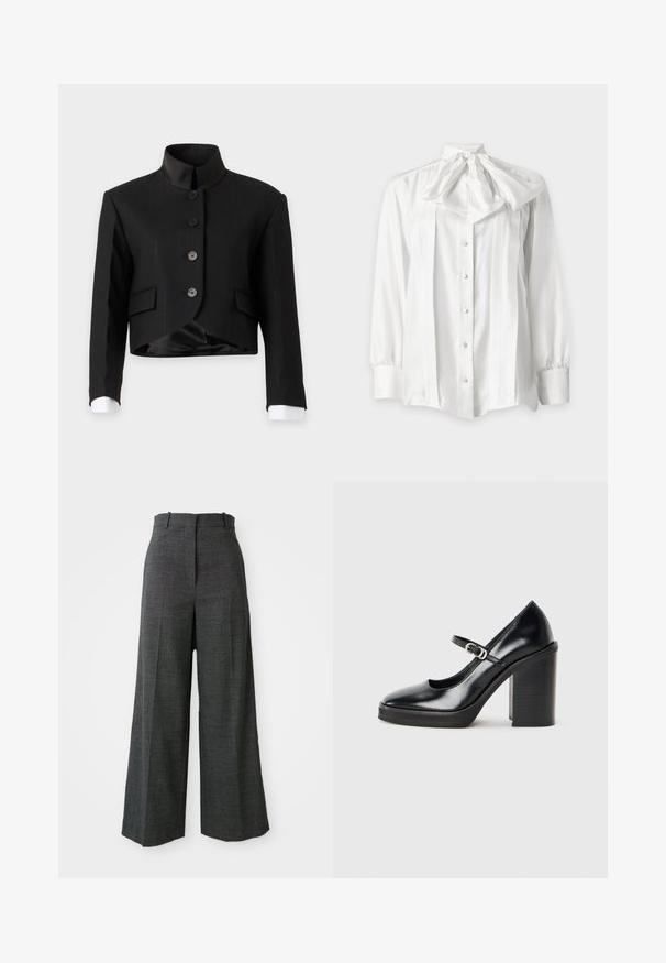 Blazer corto negro con cuello de pie, cuatro botones en la parte delantera, bolsillos con solapa y puños de camisa blancos visibles en las mangas.; Blusa blanca de manga larga con botones en la parte delantera y un gran lazo anudado en el cuello, con detalles plisados en la parte frontal.; Pantalones de cuadros grises de pierna ancha con cintura alta, que presentan pliegues frontales, textura vertical y sin hardware ni acentos visibles.; Zapato de tacón alto de charol negro con punta redonda, tira en el tobillo, detalle de hebilla plateada y tacón cuadrado grueso.
