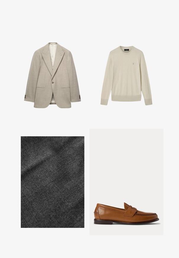 Blazer beige para hombre con un botón, solapas con muesca, dos bolsillos de ojal delanteros y puños con botones, mostrado sobre un fondo blanco.; Suéter beige de manga larga con cuello redondo, puños y dobladillo acanalados, con un pequeño logo bordado en el pecho izquierdo.; Tejido negro texturizado con una superficie suave y ligeramente brillante, que muestra un sutil patrón de tejido y un caída suave.; Zapato tipo mocasín penny loaf de cuero marrón con tacón bajo y detalles cosidos en la parte frontal y los laterales, mostrado de lado sobre un fondo blanco.