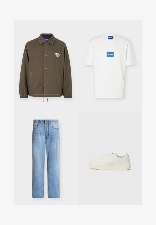 Chaqueta abotonada de color verde oliva con cuello, puños elásticos, dos bolsillos laterales y texto con el logo blanco "HUGO" en el pecho.; Camiseta blanca de manga corta con cuello redondo y un logo rectangular azul con la palabra "HUGO" centrado en el pecho y en el interior del cuello.; Vaqueros de denim azul claro de pierna recta con cierre de botón y cremallera, bolsillos delanteros y traseros, y presillas para cinturón en la cintura.; Zapatillas blancas con un upper de cuero liso, puntera redonda, cordones planos y una suela de goma texturizada. Un detalle rojo se encuentra en el talón.
