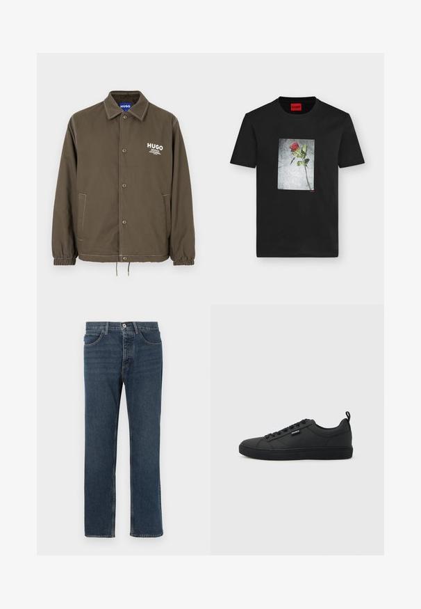 Veste boutonnée vert olive avec col, poignets élastiques, deux poches latérales et logo blanc "HUGO" sur la poitrine.; T-shirt noir à manches courtes avec un motif centré d'une seule rose rouge sur un fond gris texturé et un petit logo rouge "HUGO".; Jean en denim bleu foncé avec une coupe droite, cinq poches, une fermeture à bouton et des coutures apparentes. Le matériau est texturé avec un design classique.; Baskets basses noires à fermeture à lacets, semelle plate, avec une petite étiquette "HUGO" sur le côté, présentées de profil sur un fond clair.