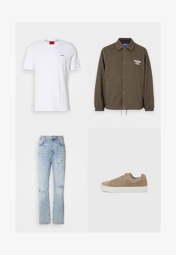 Chaqueta abotonada de color verde oliva con cuello, puños elásticos, dos bolsillos laterales y texto con el logo blanco "HUGO" en el pecho.; Camiseta de algodón blanca de mangas cortas, con un escote redondo y pequeño logo negro "HUGO" en el lado izquierdo del pecho. Presenta una etiqueta en el cuello interior de color rojo.; Jeans de mezclilla de lavado claro con un corte relajado, que presentan áreas desgastadas y bordes deshilachados. La tela tiene una textura suave y lisa.; Zapatilla deportiva de ante beige de perfil bajo con cordones beige y suela de goma blanca, vista de lado sobre un fondo gris claro.