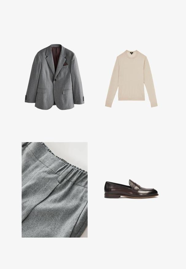 Single-breasted grå blazer med notch revers, to forlommer med klap, en brystlomme med et mørkt lommetørklæde og knapmanchetter.; Lyse beige langærmet sweater med rund halsudskæring. Fremstillet i blødt stof og med ribbet manchetter og kant. Minimalistisk design uden mønstre.; Grå sweatshirt-stof med en blød tekstur, der har en elastisk talje og subtile syninger. Nærbillede af materialet.; Mørkebrune læder loafers med en afrundet tå, hævet syning og en let hæl. Glat tekstur og klassisk design.