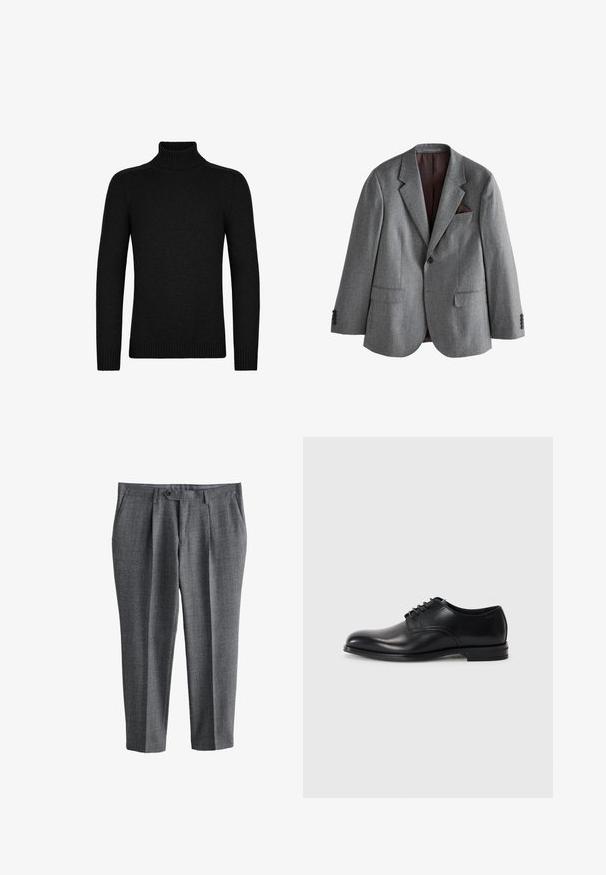 Single-breasted grå blazer med notch revers, to forlommer med klap, en brystlomme med et mørkt lommetørklæde og knapmanchetter.; Sort rullekravesweater lavet af blødt stof, med ribstrikket krave og manchetter, med en tætsiddende pasform og lange ærmer.; Grå skræddersyede herrebukser med frontknap og lynlås, sidelommer og lige ben pasform.; Sorte læderherresko med rund tå, snørebåndsdesign, glat overflade og en lavprofil gummisål. Minimal syning detaljer.