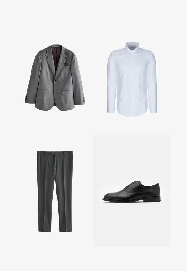 Grijze blazer met enkele rij knopen, met inkeping rever, twee voorvakken met klep, een borstzak met een donkere pochet en knoopmanchetten.; Witte overhemd met lange mouwen, puntige kraag en knoopsluiting aan de voorkant, afgebeeld op een egale achtergrond.; Grijze dresspants van gestructureerde stof, met een rechte pijpdesign, riemlussen, een knoopsluiting en twee zijzakken.; Zwarte leren dresschoenen met een ronde neus, vetersluiting en subtiele stikseldetails. Voorzien van een lage hak en een gladde textuur.