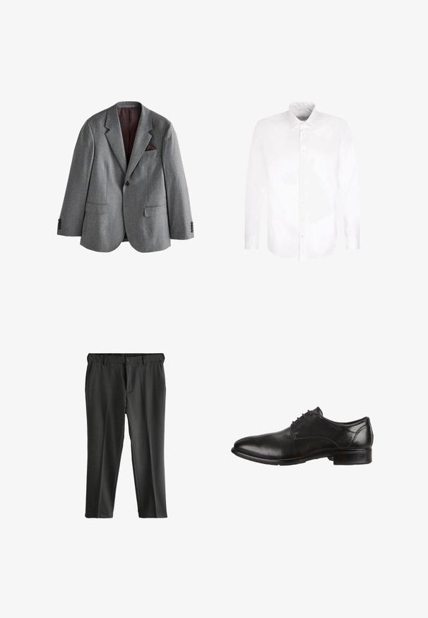 Grijze blazer met enkele rij knopen, met inkeping rever, twee voorvakken met klep, een borstzak met een donkere pochet en knoopmanchetten.; Witte lange mouwen blouse met knopen en een puntige kraag, platliggend getoond tegen een witte achtergrond.; Grijze op maat gemaakte broek met een flat front, twee zijzakken en een knoopsluiting. Gladde stof met een subtiele textuur en persplooien.; Zwarte leren dresschoenen met een gladde afwerking, ronde neus, vetersluiting en een lage gestapelde hak. Subtiele stikselaccenten zichtbaar.