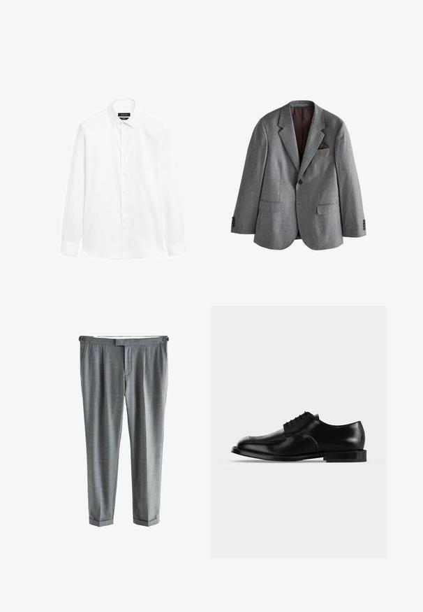 Single-breasted grå blazer med notch revers, to forlommer med klap, en brystlomme med et mørkt lommetørklæde og knapmanchetter.; Hvid skjorte med button-down krave, lange ærmer og front knaplukning. Stoffet fremstår glat med en let glans.; Grå skræddersyede bukser med fladt frontstykke, frontplisseringer og opbukkede kanter. Fremstillet i tekstureret stof, med to sidelommer og knaplukning.; Sort lædersko til mænd med snørebånd, glat finish og lav hæl, vist i sideprofil på en ensartet lys baggrund.