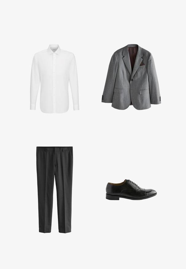 Grijze blazer met enkele rij knopen, met inkeping rever, twee voorvakken met klep, een borstzak met een donkere pochet en knoopmanchetten.; Witte lange mouwen overhemd met knoopsluiting aan de voorkant en klassieke kraag, weergegeven tegen een effen witte achtergrond.; Grijze op maat gemaakte broeken van fijne stof. Kenmerkend zijn de rechte pijpen, een gladde textuur en een subtiel uitzicht patroon. Zichtbare voorzakken.; Zwarte leren dresschoenen met een ronde neus, een gladde afwerking en een vetersluiting. Beschikt over een lage hak en subtiele stiksels.
