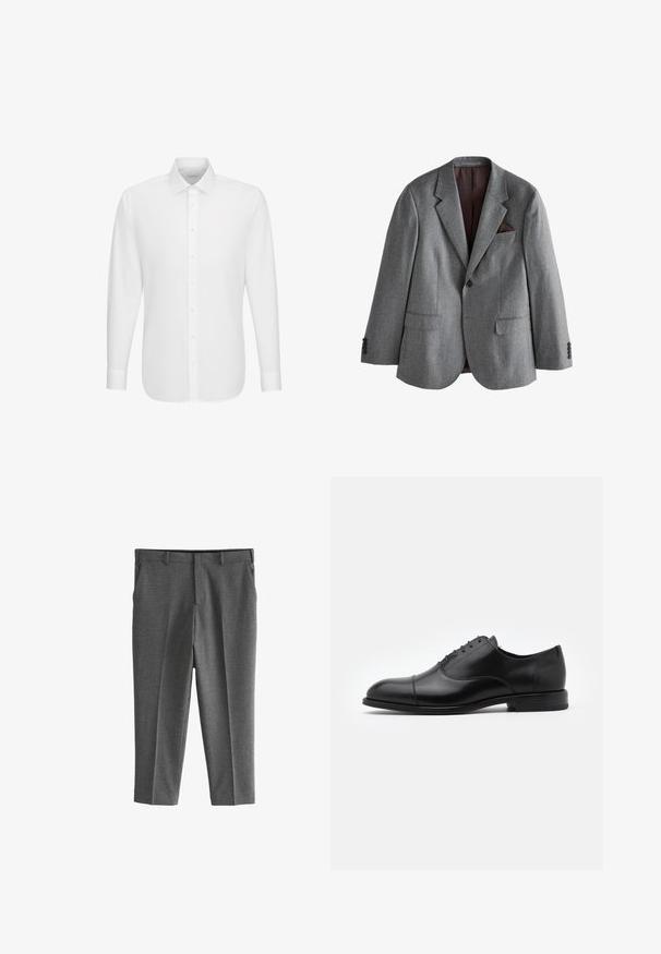 Grijze blazer met enkele rij knopen, met inkeping rever, twee voorvakken met klep, een borstzak met een donkere pochet en knoopmanchetten.; Witte lange mouwen overhemd met knoopsluiting aan de voorkant en klassieke kraag, weergegeven tegen een effen witte achtergrond.; Grijze geruite broek met een op maat gemaakte pasvorm, gladde textuur en een standaard tailleband. Bevat zijzakken en scherpe, geplooide plooien.; Zwarte leren dresschoenen met een ronde neus, vetersluiting en subtiele stikseldetails. Voorzien van een lage hak en een gladde textuur.