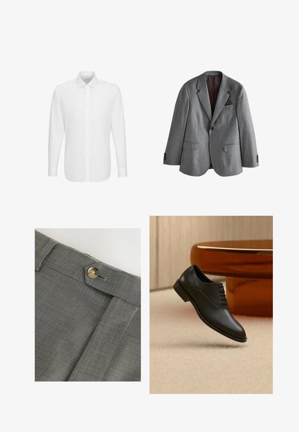 Grijze blazer met enkele rij knopen, met inkeping rever, twee voorvakken met klep, een borstzak met een donkere pochet en knoopmanchetten.; Witte lange mouwen overhemd met knoopsluiting aan de voorkant en klassieke kraag, weergegeven tegen een effen witte achtergrond.; Grijze stoffen broek met een gestructureerd oppervlak, voorzien van een knoopsluiting en een nette gestikte zoom. Close-up van de tailleband.; Zwarte gepolijste leren veterschoen zweeft boven een beige tapijt, met een grote ronde glazen tafel in amberkleur op de achtergrond.