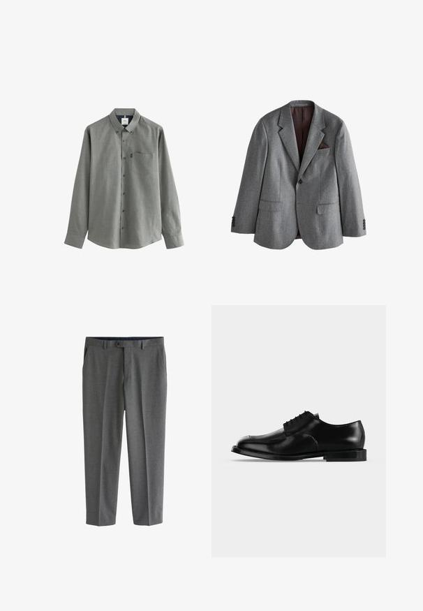 Veste grise à simple boutonnage avec des revers crantés, deux poches avant à rabat, une poche poitrine avec un mouchoir de poche foncé et des poignets boutonnés.; Chemise grise pour homme à manches longues avec col boutonné et poche poitrine sur fond blanc.; Pantalon habillé gris taillé sur mesure pour homme, avec poches latérales, passants de ceinture et fermeture à bouton à la taille.; Chaussure de ville pour homme en cuir noir avec lacets, finition lisse et talon bas, vue de profil sur un fond clair uni.