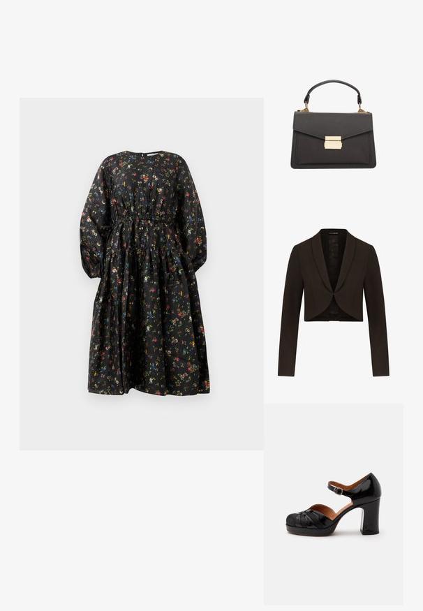 Kurze Jacke aus dunkelbraunem Stoff mit Schalkragen, langen Ärmeln und einer glatten Textur. Vorn offen mit keinen sichtbaren Verschlüssen.; Schwarzes Blumenmusterkleid mit langen Ärmeln, geraffter Taille und gestuftem Rock. Es zeichnet sich durch ein buntes Blumenmuster und eine glatte Stoffstruktur aus.; Schwarzer Mary Jane Schuh aus Lackleder mit abgerundeter Spitze, strukturiertem Detail, Knöchelriemen mit Schnalle und klobigem mittelhohem Absatz vor weißem Hintergrund.; Graue Lederhandtasche mit strukturiertem Design, ausgestattet mit einem Handgriff oben, goldenen Beschlägen und einem Klappenverschluss mit einem rechteckigen Verschluss.