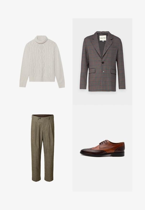 Rutet blazer i grå, rød og blå. Har en enkelt knaplukning, notch lapels og to frontlommer. Fremstillet af skræddersyet stof.; Cremefarvet kabelstrikket sweater med høj ribkant, prydet med et struktureret mønster samt ribbede manchetter og kant. Blødt uldblend materiale.; Brune bukser med ternet mønster, plisseret front, sidelommer, linning med bæltestropper og knaplukning.; Tofarvet brun læder herreselskabssko med brogue-detaljer og snørelukning set fra siden på hvid baggrund.
