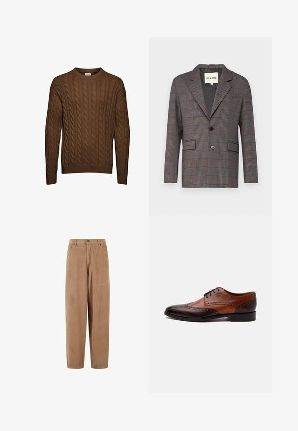 Rutet blazer i grå, rød og blå. Har en enkelt knaplukning, notch lapels og to frontlommer. Fremstillet af skræddersyet stof.; Brun kabelstrikket sweater med lange ærmer, ribbet manchetter og kant, samt rund halsudskæring, vist mod hvid baggrund.; Kamelsnore bukser i lys brun med lige ben-design, med knaplukning og sidelommer, struktureret ribbet overflade.; Tofarvet brun læder herreselskabssko med brogue-detaljer og snørelukning set fra siden på hvid baggrund.
